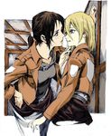  blonde_hair brown_hair christa_renz cropped_jacket finger_to_chin freckles hand_on_hip height_difference imminent_kiss jacket leaning_forward multiple_girls nobita paradis_military_uniform ponytail shingeki_no_kyojin short_hair tears ymir_(shingeki_no_kyojin) yuri 