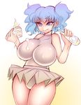  1girl bare_shoulders blue_eyes blue_hair breasts covered_nipples erect_nipples female food highres huge_breasts mayonnaise miniskirt noise original sandwich sexually_suggestive short_twintails skirt solo standing twintails 