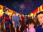  3girls ^_^ ahoge alternate_costume ayasato_mayoi bad_id bad_pixiv_id bag bangs black_hair blue_eyes blue_hair blunt_bangs blush brown_hair closed_eyes cotton_candy fan festival fireworks flipped_hair floral_print frown gyakuten_kenji gyakuten_kenji_2 gyakuten_saiban hair_between_eyes hair_intakes hair_ornament hand_on_hip high_ponytail ichijou_mikumo ichiyanagi_yumihiko japanese_clothes jewelry karakusa_(pattern) karuma_mei key kimono long_hair mask mitsurugi_reiji multiple_boys multiple_girls naruhodou_ryuuichi necklace night night_sky pointing ponytail remu_(shion110) sandals short_hair shorts sideways_mouth silhouette sky smile standing standing_on_one_leg star_(sky) starry_sky striped sweat swept_bangs topknot v_arms vertical_stripes wavy_hair wide_sleeves wrist_grab yukata 