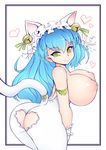  animal_ears ass ass_cutout blue_hair breasts cat_ears cat_tail character_request green_eyes heart_cutout highres huge_breasts inverted_nipples looking_at_viewer nipples noise puffy_nipples sengoku_bushouki_muramasa smile solo tail topless 