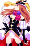  akiyamabc animal_hat bird black_gloves black_legwear brown_hair elbow_gloves fingerless_gloves gloves hand_on_hip hat leotard long_hair mawaru_penguindrum nail_polish parted_lips penguin pink_eyes princess_of_the_crystal solo takakura_himari thighhighs 