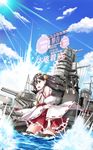  bad_id bad_pixiv_id bare_shoulders black_hair brown_eyes cloud day detached_sleeves hairband haruna_(battleship) haruna_(kantai_collection) highres japanese_clothes kantai_collection kurume_shou long_hair object_namesake open_mouth sinking skirt sky solo thighhighs translated water 