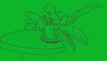  andreas anthro arthropod cake clothing derp eyewear food glasses green_background hat hawaiian_shirt insect line_art monochrome nintendo plain_background pok&#233;mon pok&eacute;mon scyther shirt simple_background solo stripedcrocodile table video_games wings 