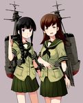  arm_up bangs black_eyes black_hair blunt_bangs blush braid brown_eyes brown_hair kantai_collection kitakami_(kantai_collection) long_hair looking_at_viewer multiple_girls ooi_(kantai_collection) open_mouth sakumo_(karatama) school_uniform serafuku skirt smile twin_braids 