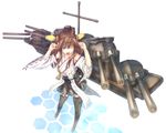  ahoge boots brown_hair cannon detached_sleeves grey_eyes hairband headgear japanese_clothes kantai_collection kongou_(kantai_collection) long_hair mecha_musume nontraditional_miko one_eye_closed open_mouth sabamu solo thigh_boots thighhighs turret 