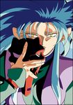  90s absurdres blue_hair highres incredibly_absurdres long_hair looking_at_viewer mask mask_removed non-web_source official_art pointy_ears ryouko_(tenchi_muyou!) slit_pupils solo spiked_hair tenchi_muyou! yellow_eyes 