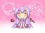  :3 =_= animal_ears arms_up bad_id bad_pixiv_id bow breasts buri_hamachi cat_ears chibi closed_eyes crescent crescent_hair_ornament etou_(cherry7) hair_bow hair_ornament koakuma long_hair medium_breasts patchouli_knowledge purple_hair solid_circle_eyes solo star striped touhou vertical_stripes very_long_hair 