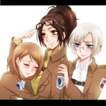  blue_eyes blush brown_hair closed_eyes emblem garrison_regiment_(emblem) glasses goggles goggles_on_head hange_zoe highres hug jacket kiraki letterboxed multiple_girls paradis_military_uniform petra_ral ponytail rico_brzenska shingeki_no_kyojin short_hair silver_hair survey_corps_(emblem) uniform yuri 