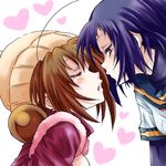  blue_hair brown_hair closed_eyes double_bun hat heart imminent_kiss koga_itami medaka_box multiple_girls naze_youka red_eyes unya upper_body yuri 