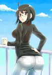  1girl ass black_hair breasts cloud clouds drink fence glasses lanyard large_breasts looking_at_viewer open_mouth pantylines semi-rimless_glasses servant_x_service short_hair sky solo sweater yamagami_lucy yamagami_lucy_kimiko_akie_airi_shiori_rinne_yoshiho_ayano_tomika_chitose_sanae_mikiko_ichika 