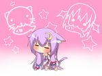  :&lt; :3 =_= animal_ears arms_behind_back bad_id bad_pixiv_id blush bow breasts buri_hamachi cat_ears cat_tail chibi closed_eyes crescent crescent_hair_ornament etou_(cherry7) hair_bow hair_ornament koakuma leaning_forward long_hair medium_breasts patchouli_knowledge purple_hair solid_circle_eyes solo star tail touhou very_long_hair 