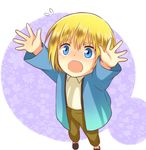  armin_arlert blonde_hair blue_eyes blush carry_me flower flying_sweatdrops long_sleeves male_focus moxue_qianxi open_mouth outstretched_arms shingeki_no_kyojin solo suspenders younger 