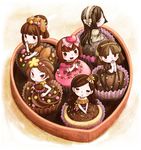  6+girls 6girls :&lt; bare_shoulders blush blush_stickers bow box bracelet brown_dress brown_eyes brown_hair candy chocolate cupcake dress earrings food food_as_clothes food_themed_clothes hair_ornament hairband hand_to_own_mouth hands_together heart in_box in_container jewelry long_hair long_sleeves multiple_girls necklace nut_(food) nuts_(food) open_mouth original pearl personification pink_dress short_hair short_sleeves smile sprinkles wrapper 