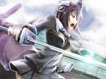  cloud fingerless_gloves gloves headgear kantai_collection necktie open_mouth purple_hair school_uniform short_hair skirt solo sword tenryuu_(kantai_collection) uraomote weapon yellow_eyes 