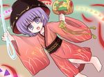  barefoot hammer holding_needle japanese_clothes kimono mallet needle obi purple_eyes purple_hair red_kimono ry sash short_hair solo sukuna_shinmyoumaru tassel touhou yukata 