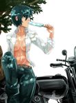  abs artist_request belt breasts dress_shirt eating green_eyes green_hair hermes kino kino_no_tabi motor_vehicle motorcycle open_clothes open_shirt popsicle pouch shade shirt short_hair sideboob sitting sweat tenpalion444 tree vehicle 