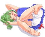  barefoot bloomers blush braid dd_(ijigendd) feet full_body green_hair me-tan open_mouth os-tan simple_background solo underwear white_background 