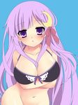  bad_id bad_pixiv_id between_breasts blue_background blush bottomless bra breast_hold breasts cleavage crescent crescent_hair_ornament etou_(cherry7) hair_ornament hat large_breasts long_hair looking_at_viewer patchouli_knowledge purple_eyes purple_hair simple_background solo touhou underwear underwear_only 