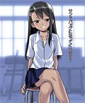  774_(nanashi) bike_shorts black_hair blush brown_eyes check_translation crossed_legs evil_grin evil_smile grin hair_ornament hairclip ijiranaide_nagatoro-san nagatoro school_uniform shirt shorts shorts_under_skirt skirt smile solo tan tanline translated translation_request 