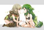  bare_shoulders bikini black_bikini blush boots bow braid crossover dragon's_crown elf elf_(dragon's_crown) eye_contact frilled_bikini frills gatchaman_crowds green_eyes green_hair hair_bow hood leg_garter long_hair looking_at_another multiple_girls navel pointy_ears rori_chuushin swimsuit thigh_boots thighhighs twin_braids utsutsu very_long_hair 