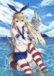  1girl blonde_hair gloves hairband kantai_collection long_hair ocean shimakaze_(destroyer) shimakaze_(kantai_collection) skirt striped 