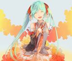  aqua_hair closed_eyes detached_sleeves hair_ribbon hand_on_own_chest hatsune_miku long_hair necktie open_mouth ribbon sakumochi41 solo twintails very_long_hair vocaloid 