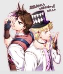  blonde_hair blue_eyes brown_hair caesar_anthonio_zeppeli facial_mark feathers fingerless_gloves gloves green_eyes hair_feathers hat jojo_no_kimyou_na_bouken joseph_joestar_(young) kuren multiple_boys suspenders top_hat 