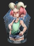  anael_(whistle_frog) bad_deviantart_id bad_id collarbone cutoffs demon_girl demon_horns denim denim_shorts eyebrows flat_chest hands_on_hips horns lips original pink_hair pointy_ears red_eyes short_hair shorts simple_background solo succubus tank_top tattoo whistle_frog younger 