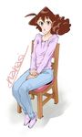  ahoge artist_name blue_pants blush brown_eyes brown_hair chair crayon_shin-chan denim eyebrows_visible_through_hair full_body hand_on_lap jeans legs_together long_sleeves looking_at_viewer nanasi-nanasi nohara_misae pants pink_footwear pink_sweater shoes simple_background solo sweater v_arms white_background 