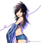  bags_under_eyes black_hair blush bra dressing flat_chest green_eyes hair_over_one_eye highres kuroki_tomoko long_hair mizore_syrup panties smile solo underwear underwear_only watashi_ga_motenai_no_wa_dou_kangaetemo_omaera_ga_warui! 