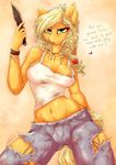  anthro anthrofied applejack_(mlp) beige_background big_breasts blonde_hair blush bracelet breasts clothing cowboy_hat dialog dimwitdog equine female freckles friendship_is_magic fur green_eyes hair half-closed_eyes hat hi_res holding horse jewelry knife long_hair looking_at_viewer mammal my_little_pony naughty_face navel nipple_slip nipples open_mouth orange_fur pants pony pose seductive shiny shirt smile solo standing suggestive tank_top teeth text tied_hair tongue topless torn_clothing wristband 