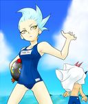  1boy 1girl astral_(yuu-gi-ou_zexal) blue_hair breasts genderswap swimsuit towel tsukumo_yuma tsukumo_yuuma yu-gi-oh! yuu-gi-ou_zexal 