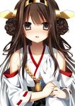 admiral_(kantai_collection) black_eyes blush breast_grab brown_hair commentary detached_sleeves double_bun flat_chest flat_chest_grab gloves grabbing guided_breast_grab hair_ornament hairband headgear highres it's_ok_to_touch japanese_clothes kantai_collection kongou_(kantai_collection) long_hair looking_at_viewer open_mouth ribbon-trimmed_sleeves ribbon_trim solo_focus symbol-shaped_pupils wide_sleeves yoruneko 