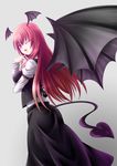  arm_belt bat_wings blush demon_girl demon_tail head_wings hijikawa_arashi koakuma long_hair long_sleeves looking_at_viewer looking_back multiple_wings one_eye_closed red_eyes red_hair smile solo tail touhou wings 