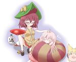  animal_ears bell brown_hair closed_eyes cup futatsuiwa_mamizou glasses gourd hat hata_no_kokoro highres mofu_mofu multiple_girls new_mask_of_hope petting pink_hair raccoon_ears raccoon_tail sakazuki semi-rimless_eyewear sleeping tail tail_pillow touhou under-rim_eyewear zzz 