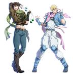  blue_eyes blue_jacket bola_(weapon) boots brown_hair caesar_anthonio_zeppeli facial_mark fingerless_gloves gloves green_eyes headband jacket jojo_no_kimyou_na_bouken joseph_joestar_(young) knee_pads kuren midriff multiple_boys pose scarf 