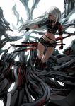  black_gloves boots breasts cleavage dark_skin fingerless_gloves gloves hair_over_one_eye highres katana knee_boots long_hair medium_breasts midriff navel original outstretched_hand red_eyes shorts silver_hair solo sword very_long_hair walking weapon zenn 