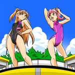  aida_mana black_swimsuit blue_eyes brown_hair cloud competition_swimsuit day dokidoki!_precure flipped_hair from_below houjou_hibiki kogane_(staygold) long_hair multiple_girls one-piece_swimsuit pink_eyes pink_hair precure purple_swimsuit short_hair sky smile suite_precure swimsuit two_side_up 