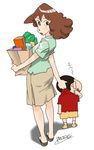  1girl ass bag brown_eyes brown_hair crayon_shin-chan food grocery_bag long_hair mature mother_and_son nanasi-nanasi nohara_misae nohara_shinnosuke open_mouth shopping_bag skirt 