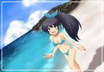  beach bikini black_hair blue_eyes day earrings fang ganaha_hibiki high_ponytail idolmaster idolmaster_(classic) jewelry long_hair ponytail solo swimsuit takitsubo 