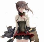  1girl bike_shorts brown_eyes brown_hair cowboy_shot flat_chest flight_deck hand_on_own_chest headband kantai_collection looking_at_viewer mable machinery open_mouth pleated_skirt red_skirt short_hair simple_background skirt solo taihou_(kantai_collection) white_background 