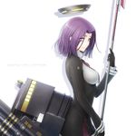  copyright_name glaive gloves highres kantai_collection looking_at_viewer mechanical_halo misawa_kei polearm purple_eyes purple_hair school_uniform short_hair simple_background smile solo tatsuta_(kantai_collection) weapon 
