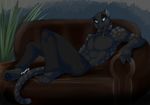  abs anthro biceps black_leopard black_panther blue_eyes clothing collar feline fur looking_at_viewer male mammal muscles panther pants pecs sofa solo tassy topless 