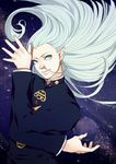  blue_eyes blue_hair cobracobbra earrings eyelashes floating_hair gakuran hazekura_mikitaka jewelry jojo_no_kimyou_na_bouken long_hair looking_at_viewer male_focus nose_piercing nose_ring piercing pointy_ears school_uniform smile solo space ufo upper_body white_hair 