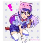  1girl animal_hat arm_support backpack bag blue_eyes bow bowtie dr._slump glasses gloves hat kneeling magnifying_glass mizore_syrup norimaki_arale open_mouth purple_hair shorts solo thighhighs 