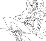  bb_(baalbuddy) breasts cleavage crossed_legs cuffs fang gloves greyscale handcuffs hat large_breasts long_hair miniskirt monochrome no_bra panty_&amp;_stocking_with_garterbelt peaked_cap police police_uniform policewoman scanty_(psg) sitting sketch skirt solo truncheon uniform 