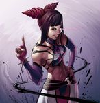  1girl armpits bare_shoulders black_hair breasts brown_hair capcom collarbone fingerless_gloves fingernails gloves glowing glowing_eye han_juri hips lipstick looking_at_viewer makeup midriff navel pointing pointing_up purple_eyes sideboob smile street_fighter street_fighter_iv tongue 