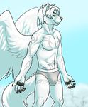  anthro bedroom_eyes canine looking_at_viewer male mammal plain_background sebris solo standing tattoo topless underwear vallhund wings wolf yellow_eyes 