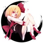  bare_legs blonde_hair blush bobby_socks fang full_body hair_ribbon heart leg_hug long_sleeves looking_at_viewer open_mouth razy_(skuroko) red_eyes ribbon rumia sash shirt shoes short_hair simple_background sitting skirt skirt_set smile socks solo touhou vest 