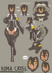  1girl animal_ears armband blush bodysuit bouncing_breasts bracer breasts character_sheet dark_skin exaxuxer kemeko_deluxe kuu-chan_(exaxuxer) large_breasts mecha original panda_ears parody pilot_suit thighhighs yellow_eyes 